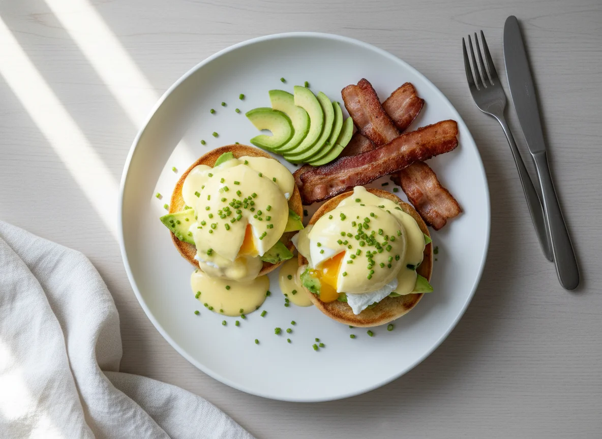 Eggs Benedict mit Avocado und Speck photo