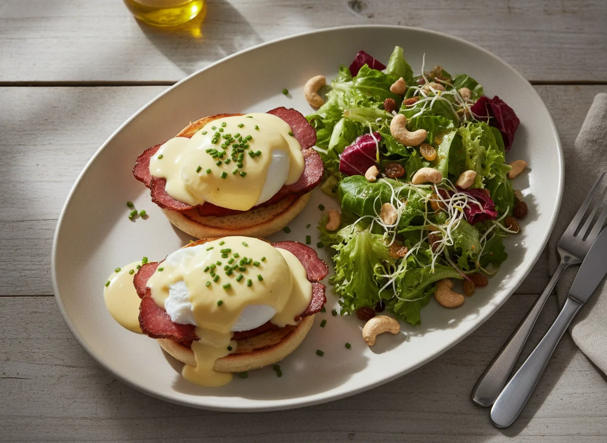 Eggs Benedict mit Beilagensalat photo
