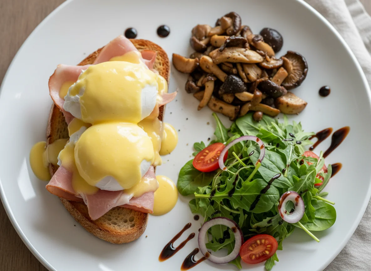 Eggs Benedict mit Pilzen und Salat photo