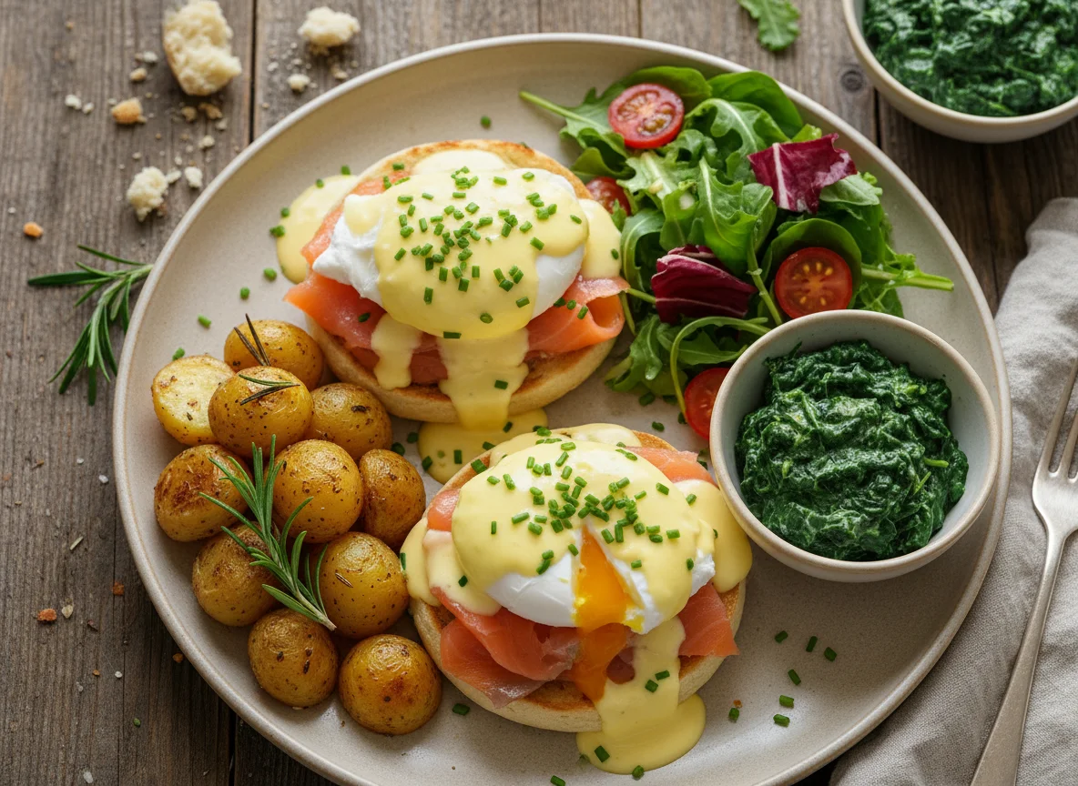 Eier Benedict mit Lachs und Beilagen photo