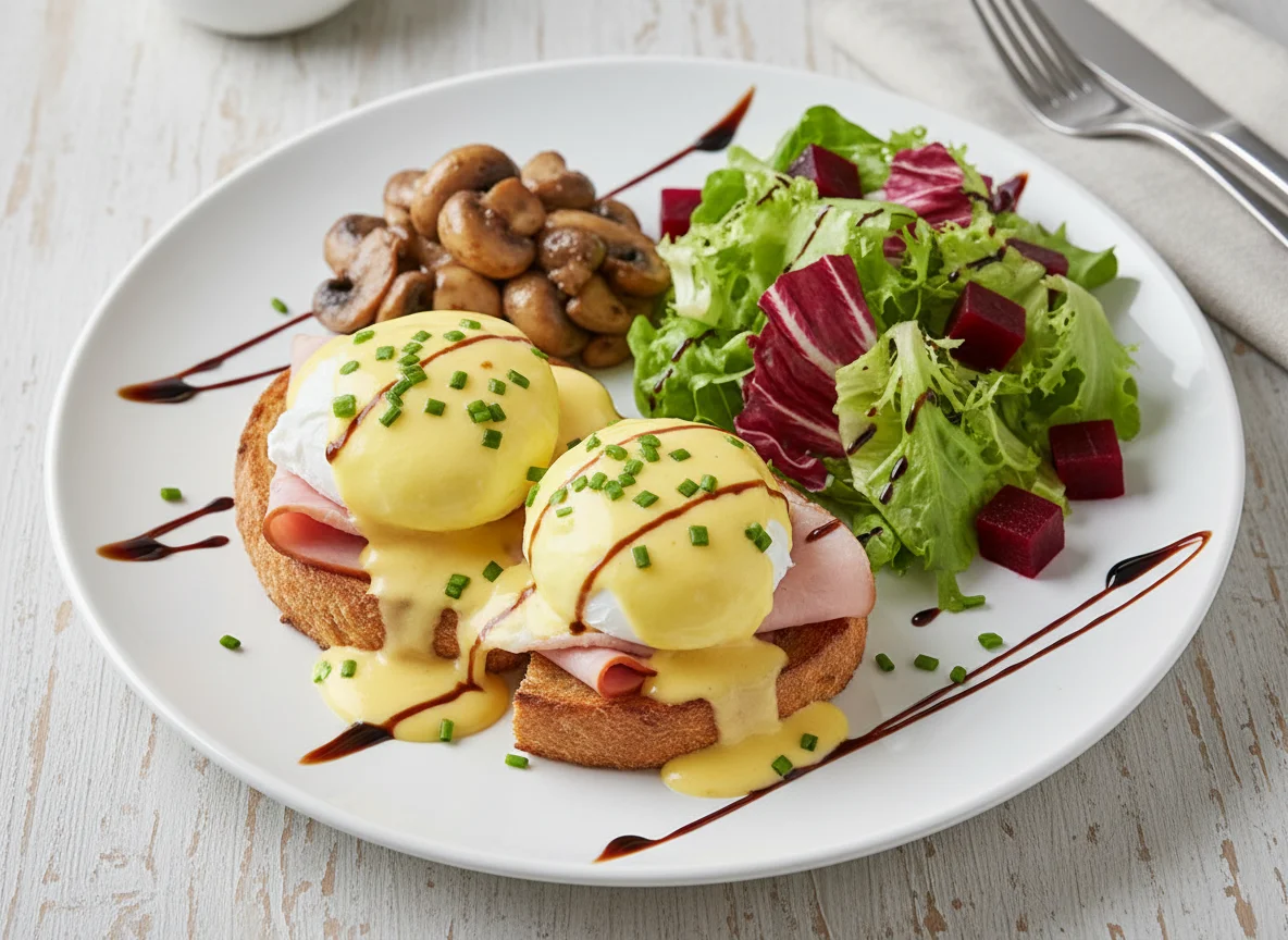 Eier Benedict mit Pilzen und Salat photo