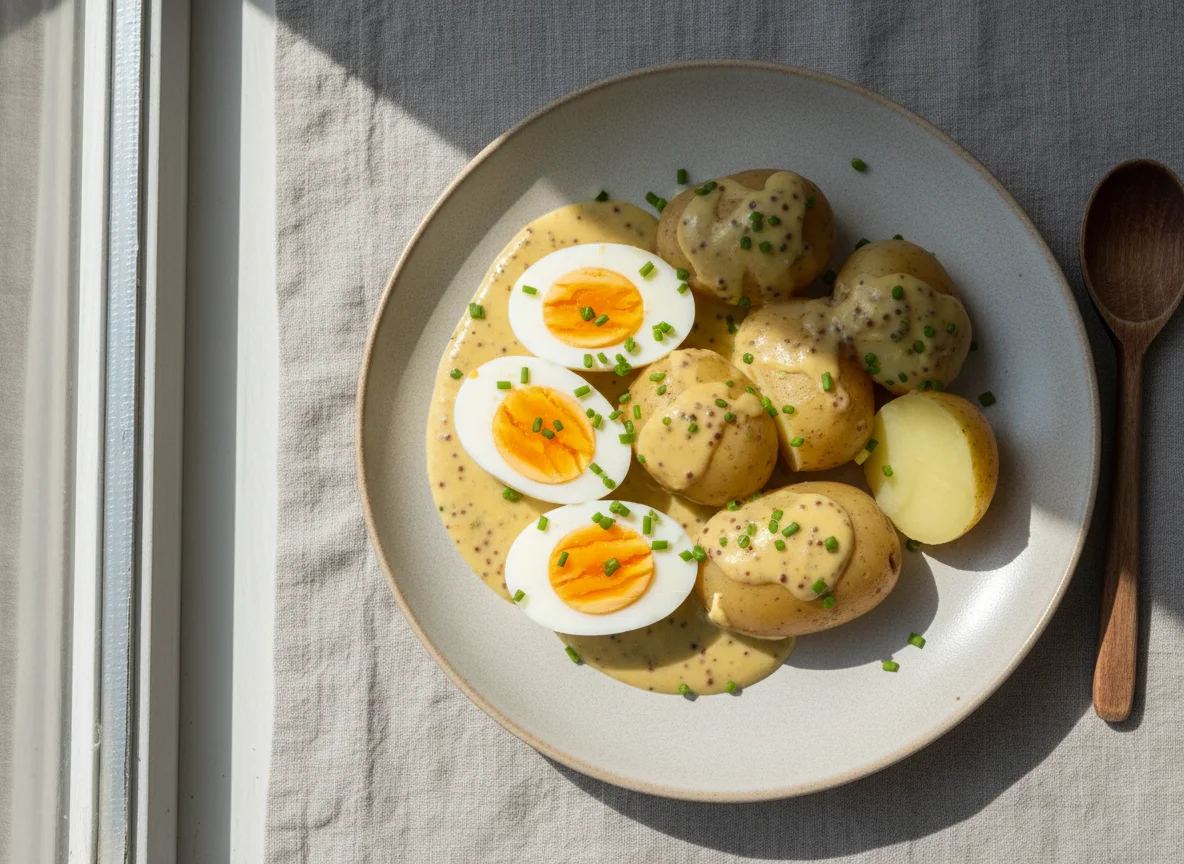 Eier in Senfsauce mit Kartoffeln photo