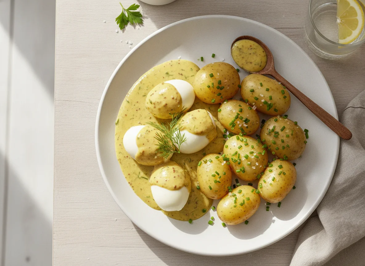 Eier in Senfsauce mit Salzkartoffeln photo