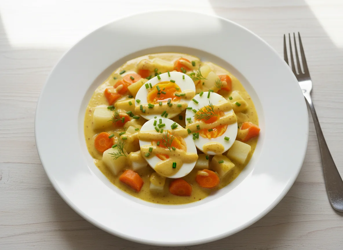 Eier in Senfsauce mit Wurzelgemüse photo