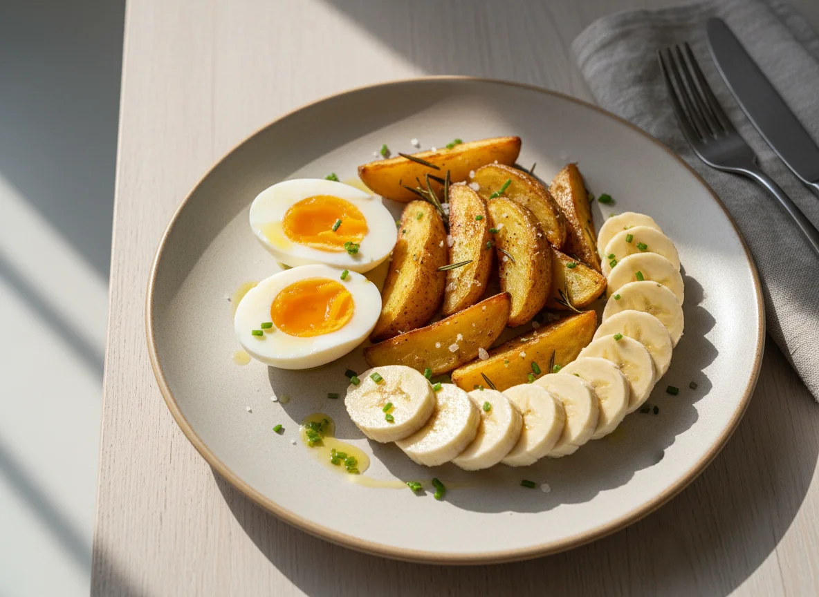 Eier, Kartoffeln und Banane photo