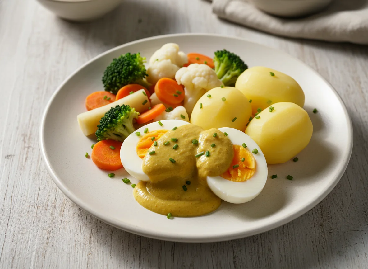 Eier mit Senfsauce, Kartoffeln und Gemüse photo
