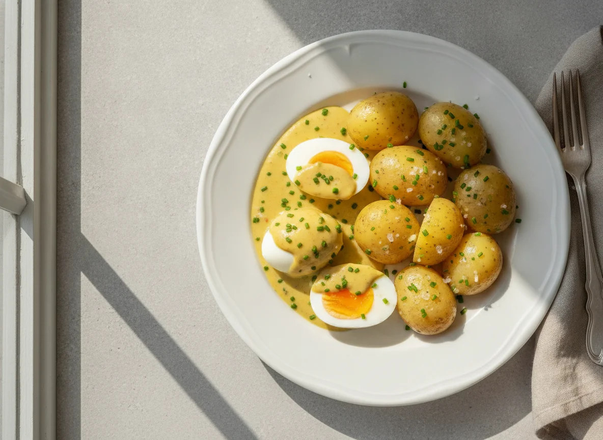 Eier mit Senfsauce und Salzkartoffeln photo