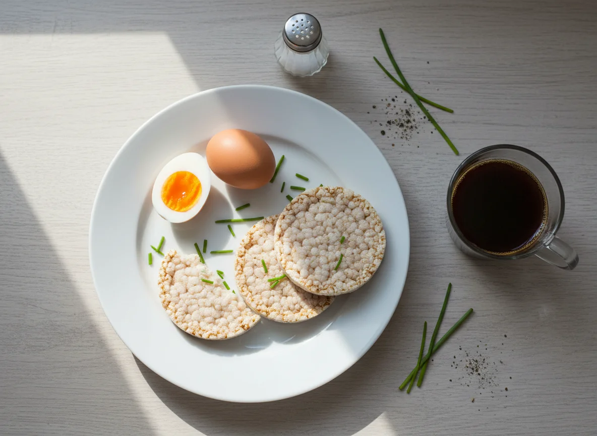 Eier und Reiswaffeln mit Kaffee photo
