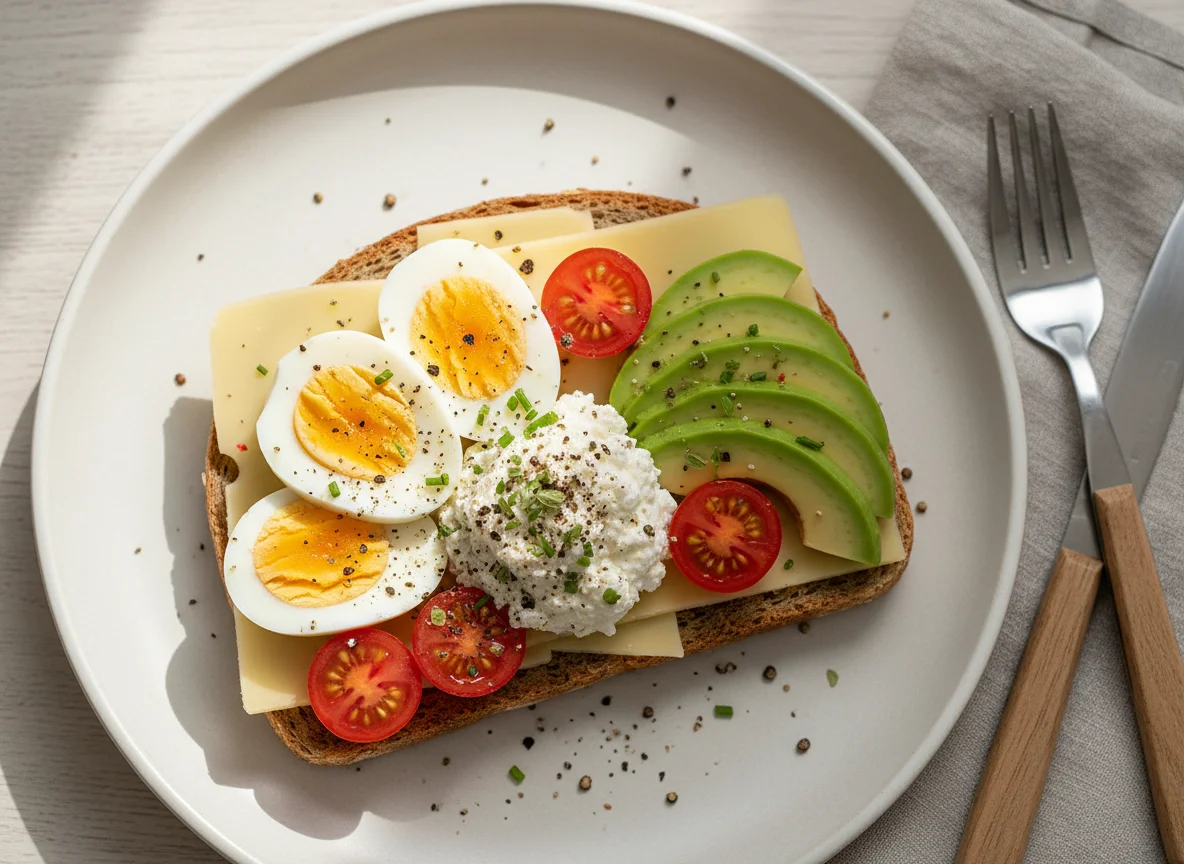 Eierbrot mit Käse, Avocado und Tomaten photo