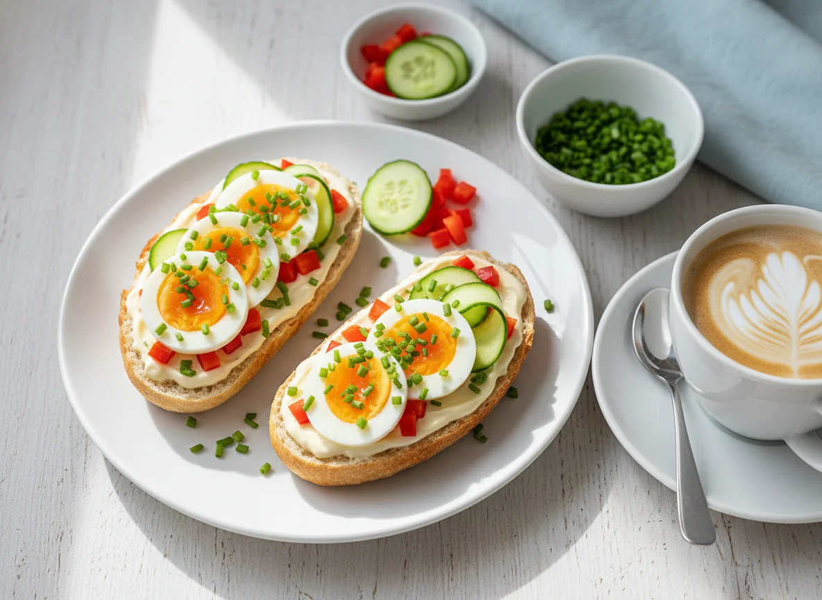 Eierbrötchen mit Gemüse und Kaffee photo