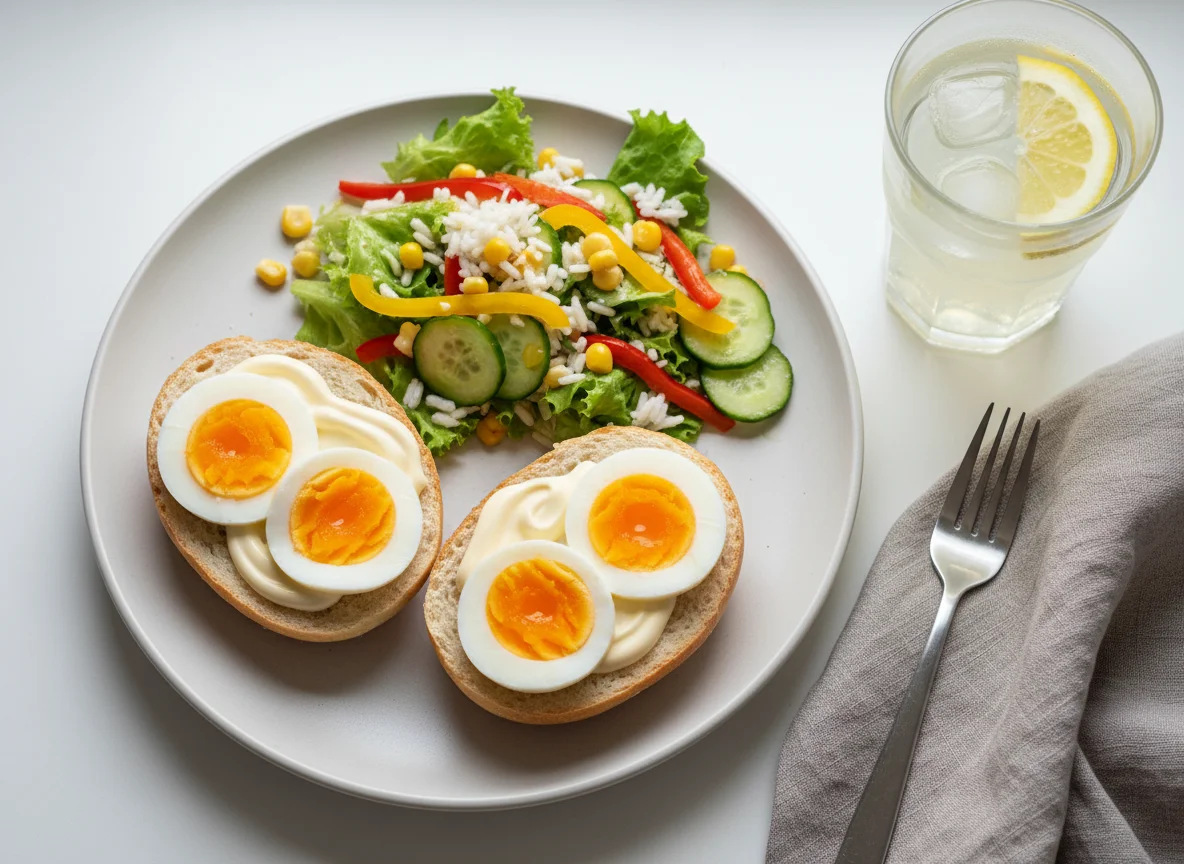 Eierbrötchen mit Salat und Getränk photo