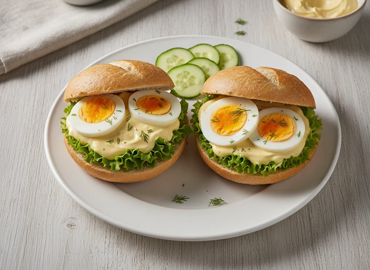 Eierbrötchen mit Salat und Gurke photo