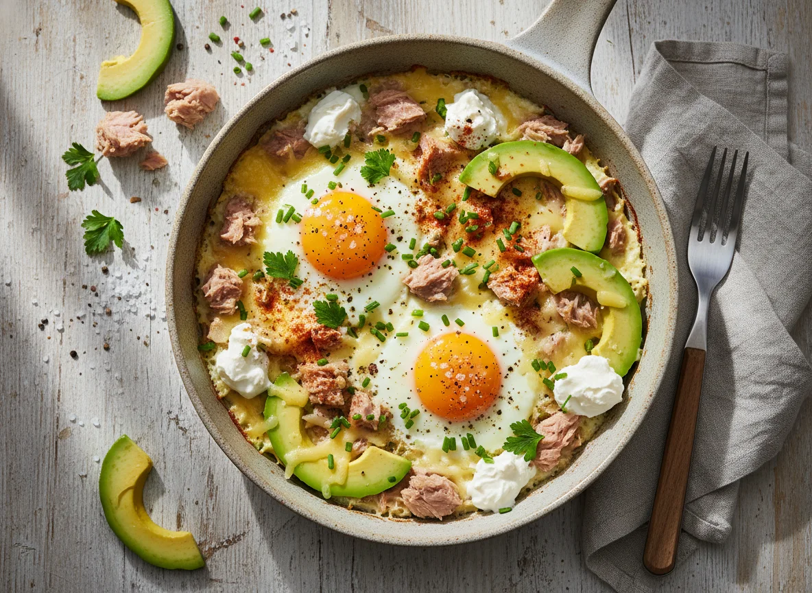 Eierpfanne mit Thunfisch und Avocado photo
