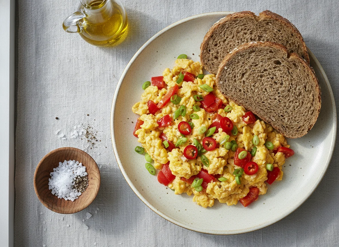 Eierspeise mit Paprika und Vollkornbrot photo