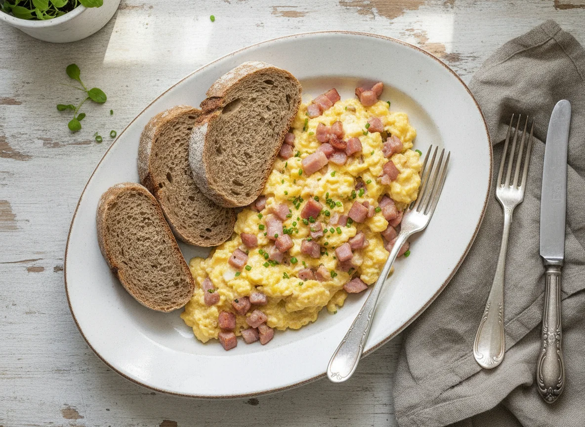 Eierspeise mit Schinken und Bauernbrot photo