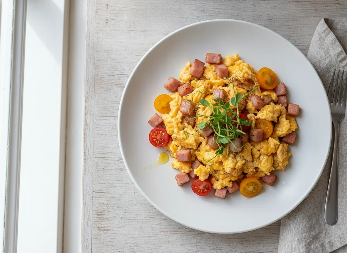 Eierspeise mit Schinken und Tomaten photo