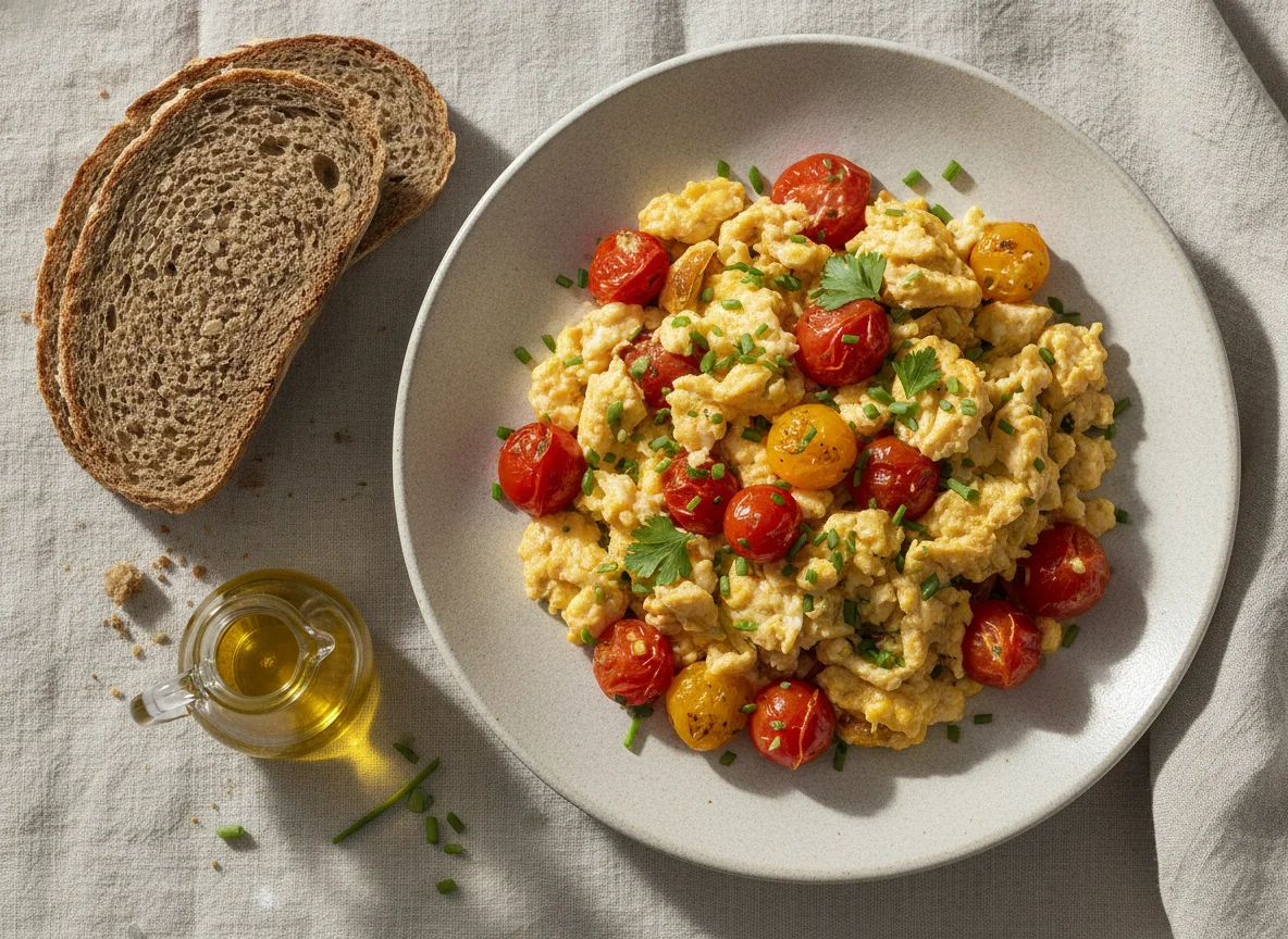 Eierspeise mit Tomaten und Brot photo