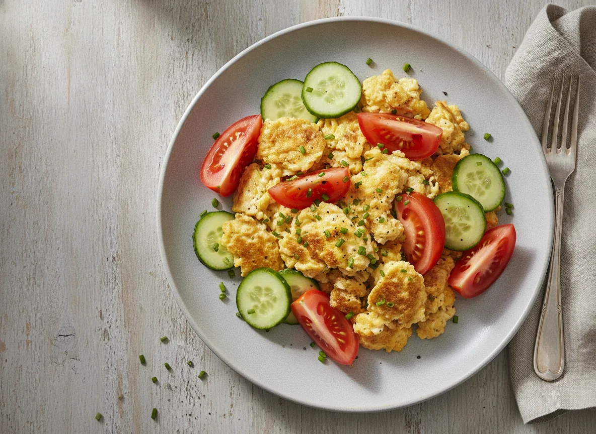 Eierspeise mit Tomaten und Gurken photo