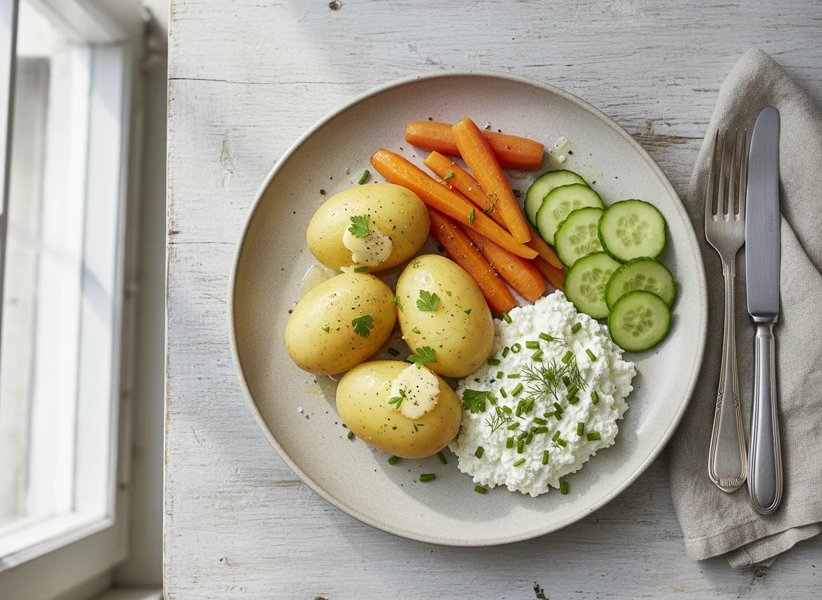 Einfache Mahlzeit mit Kartoffeln, Gemüse und Hüttenkäse photo