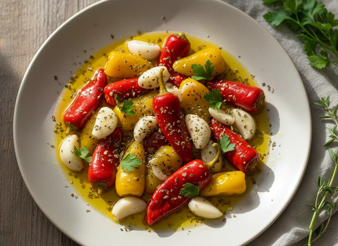 Eingelegte Peperoni mit Knoblauch und Kräutern photo