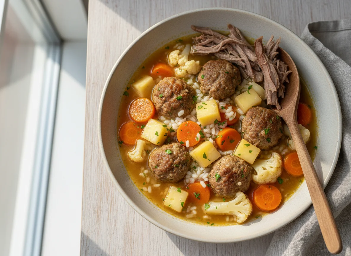 Eintopf mit Blumenkohl, Karotten, Käse und Fleischklößchen photo