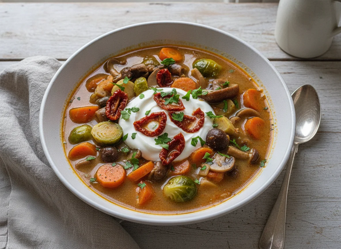Eintopf mit Gemüse, Pilzen und Joghurt photo