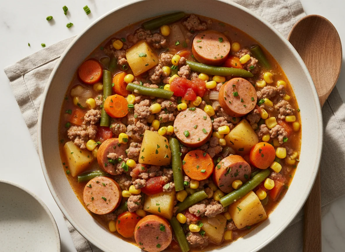 Eintopf mit Hackfleisch und Würstchen photo