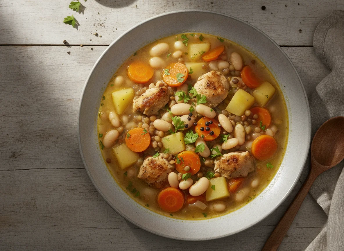 Eintopf mit Huhn, Kartoffeln, Karotten und Bohnen photo