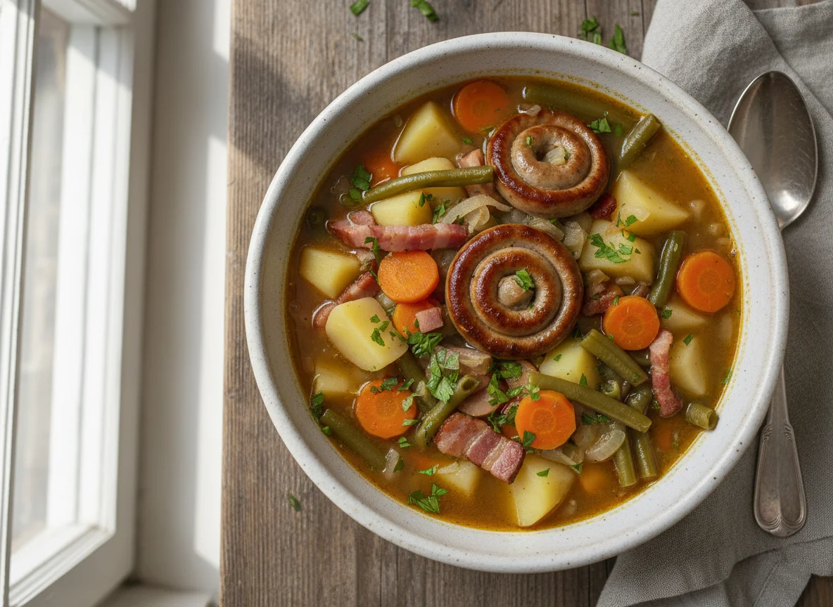 Eintopf mit Kartoffeln, Bohnen, Karotten und Wurst photo