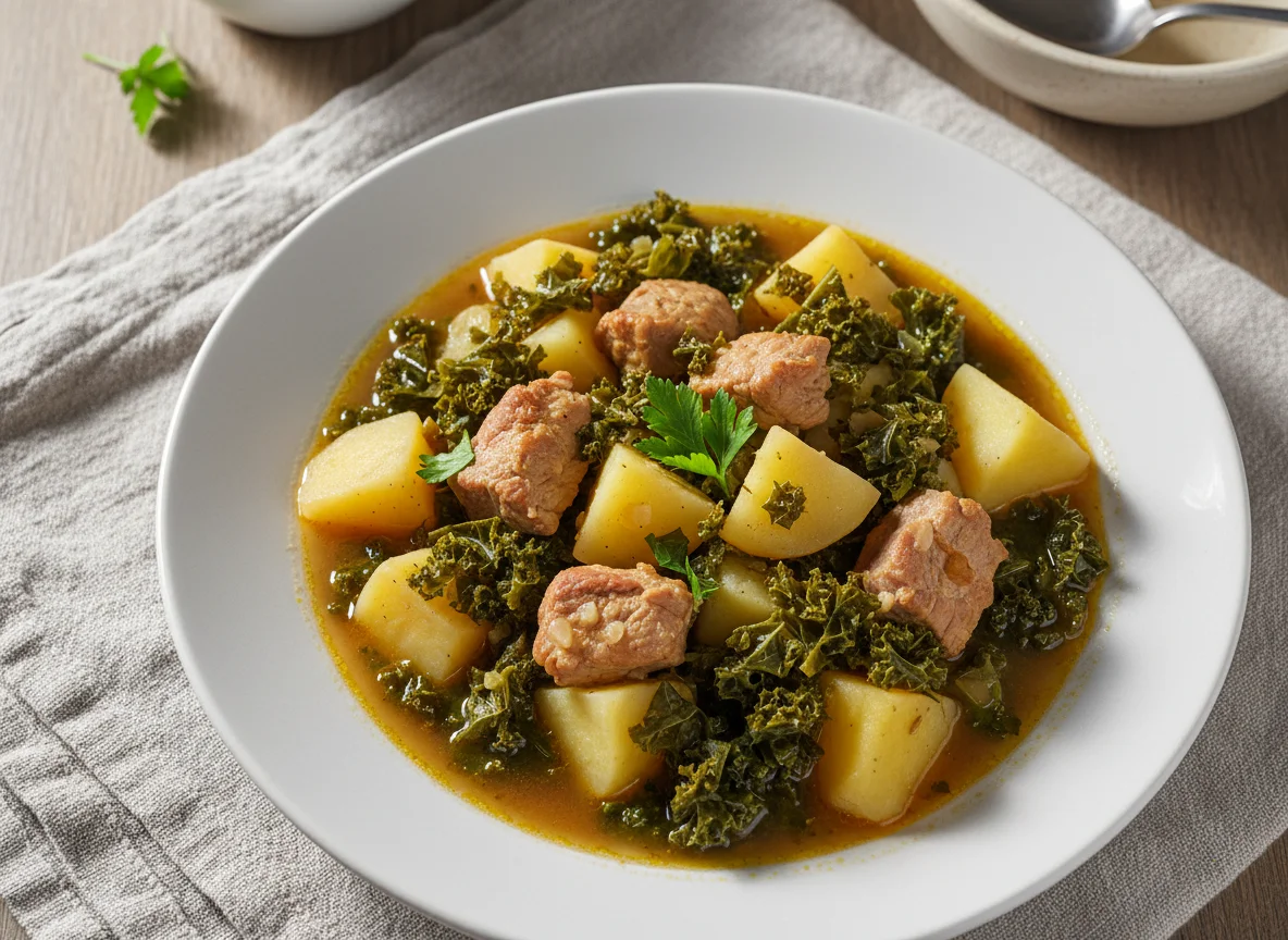 Eintopf mit Kartoffeln, Fleisch und Grünkohl photo