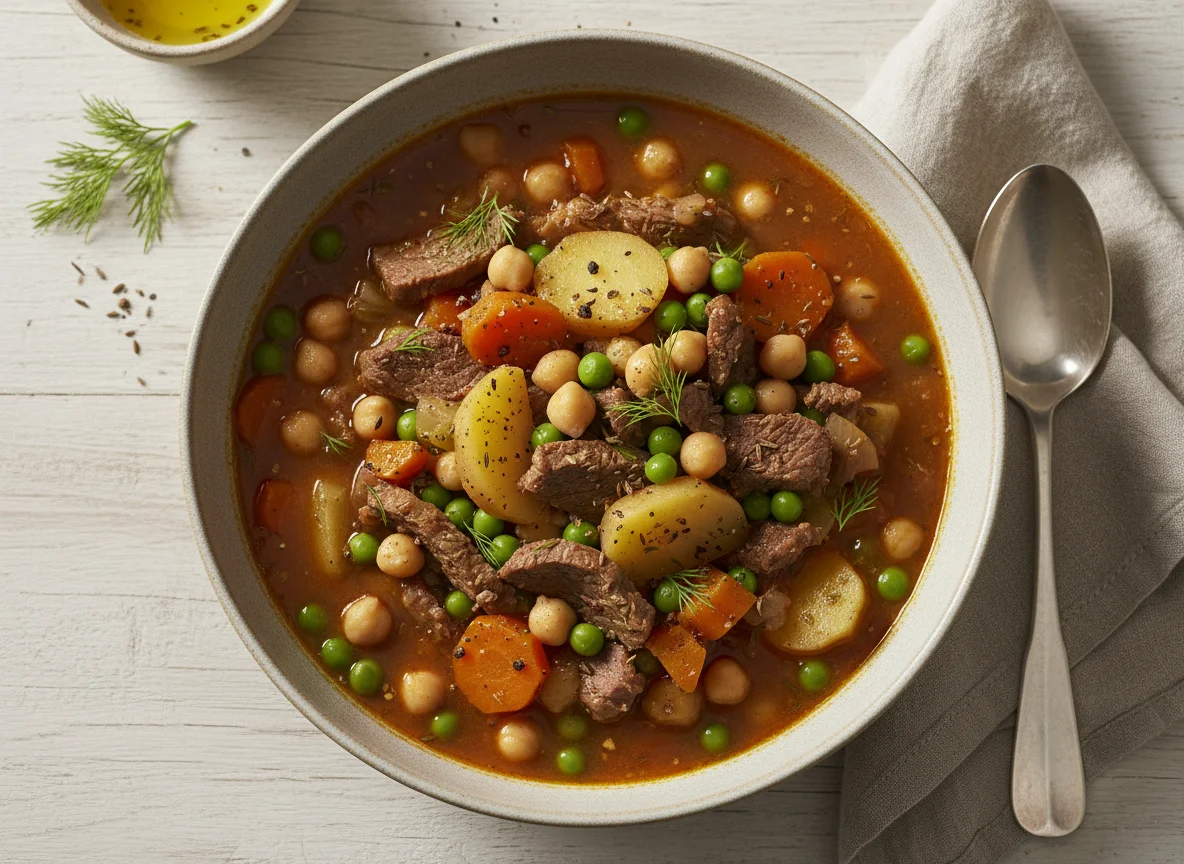 Eintopf mit Kartoffeln, Fleisch und Kichererbsen photo