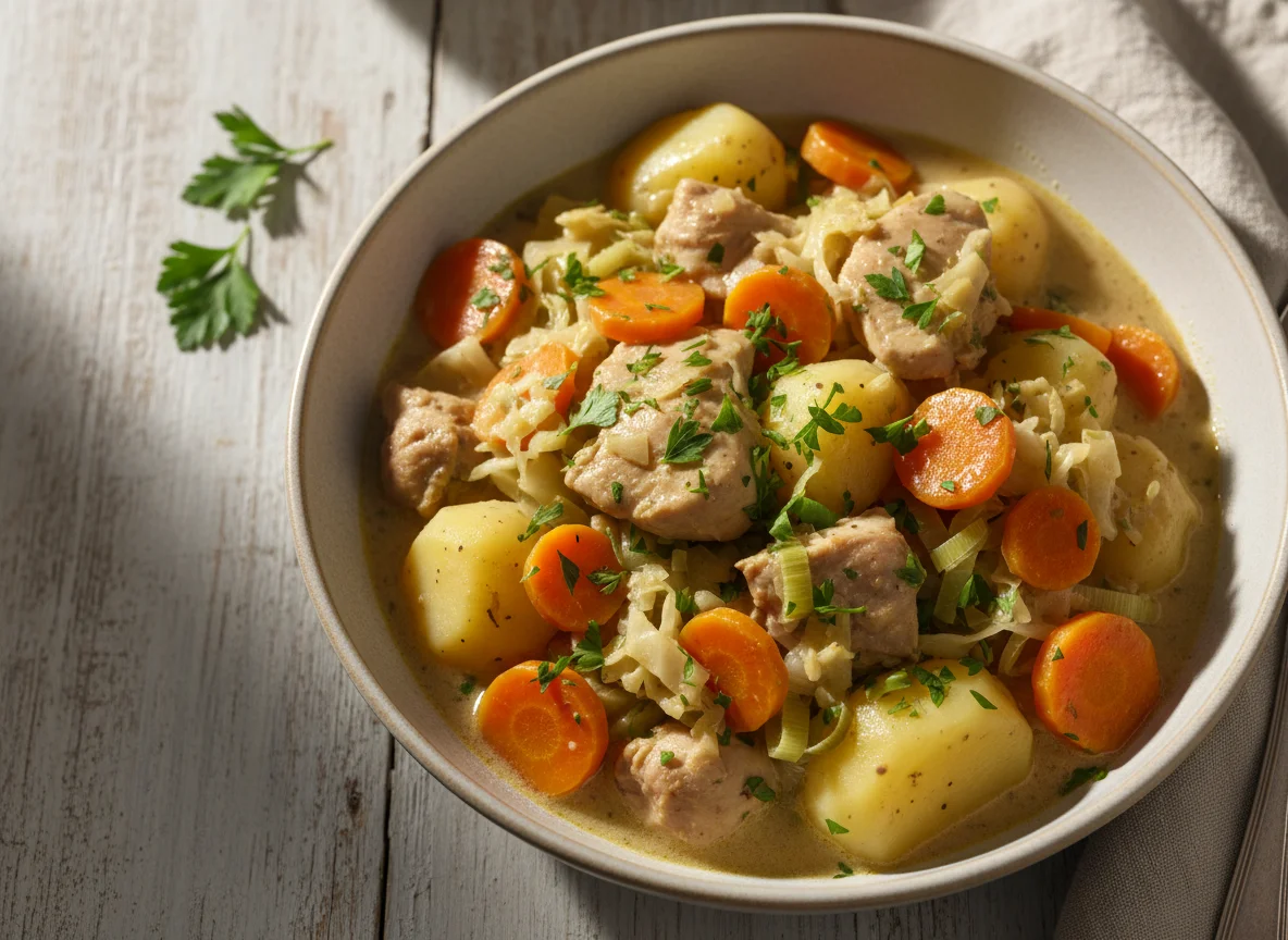 Eintopf mit Kartoffeln, Gemüse und Fleisch photo