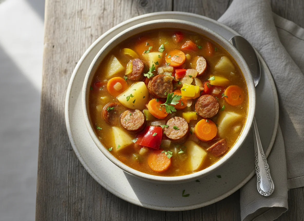 Eintopf mit Kartoffeln, Gemüse und Wurst photo