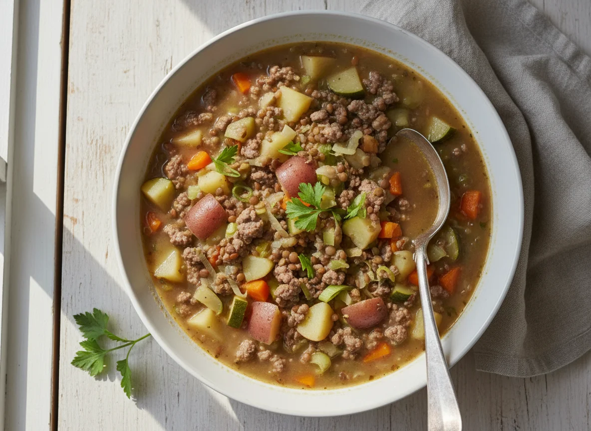 Eintopf mit Kartoffeln, Hackfleisch und Linsen photo