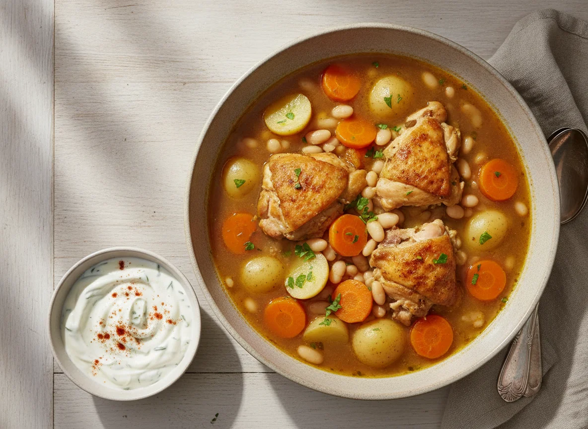 Eintopf mit Kartoffeln, Karotten, Bohnen und Fleisch mit Joghurt-Dip photo