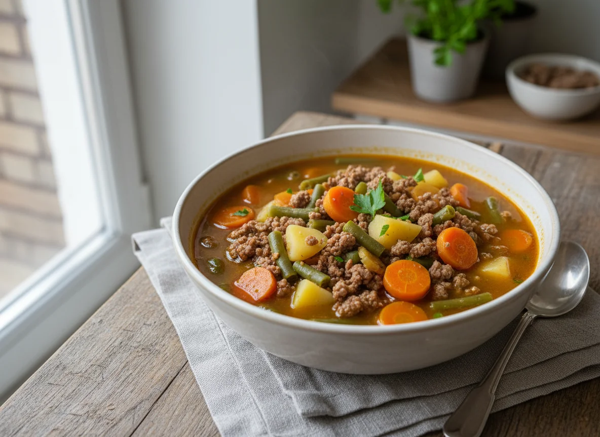Eintopf mit Kartoffeln, Karotten, grünen Bohnen und Hackfleisch photo