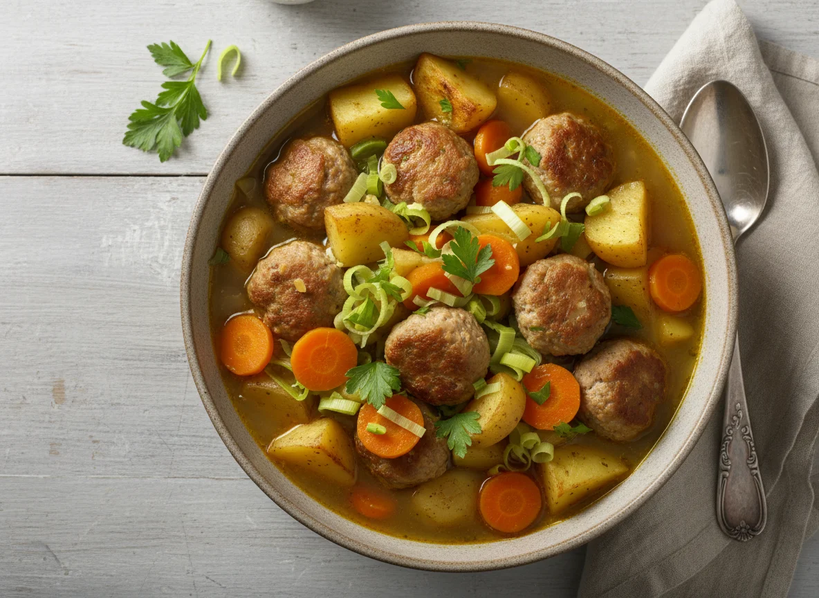 Eintopf mit Kartoffeln, Karotten und Fleischklößchen photo