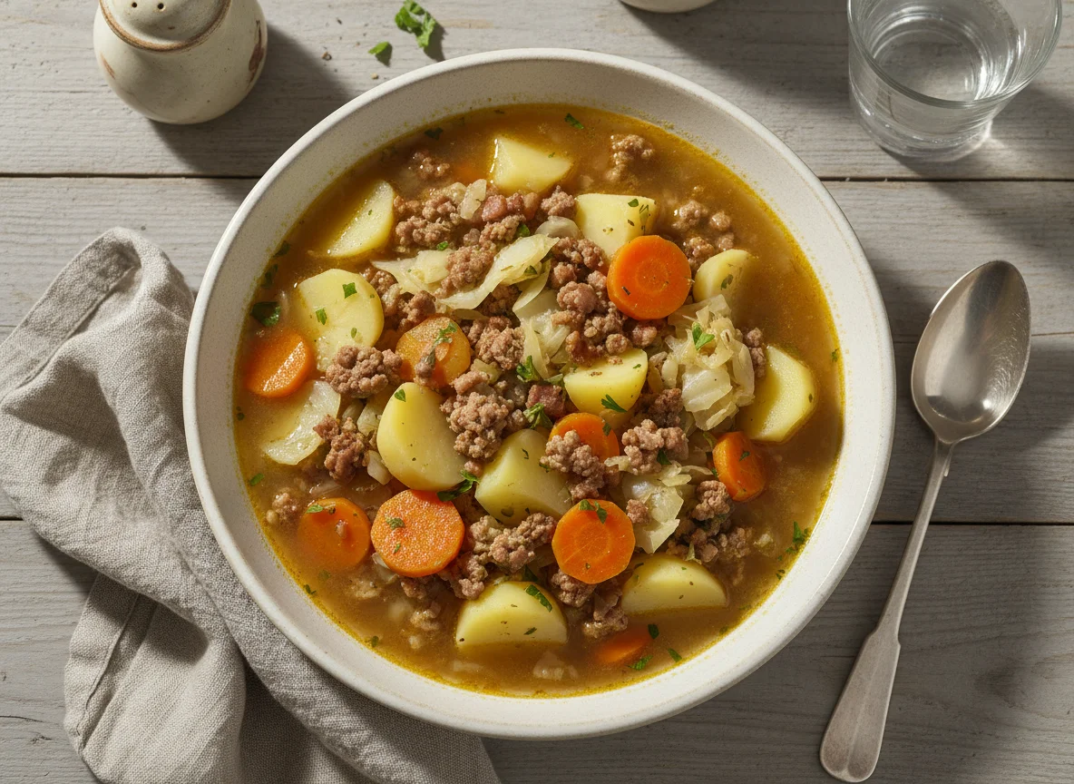 Eintopf mit Kartoffeln, Kohl und Hackfleisch photo