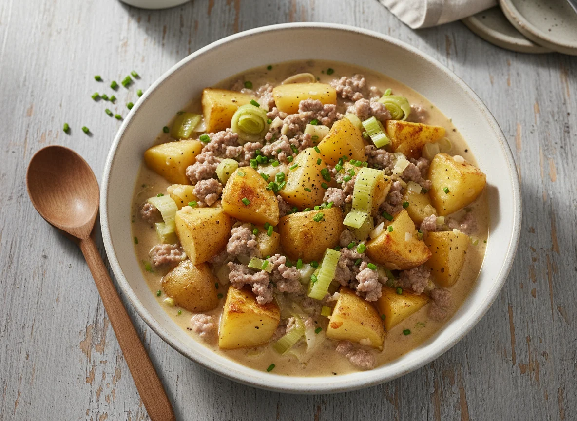Eintopf mit Kartoffeln, Lauch und Hackfleisch photo