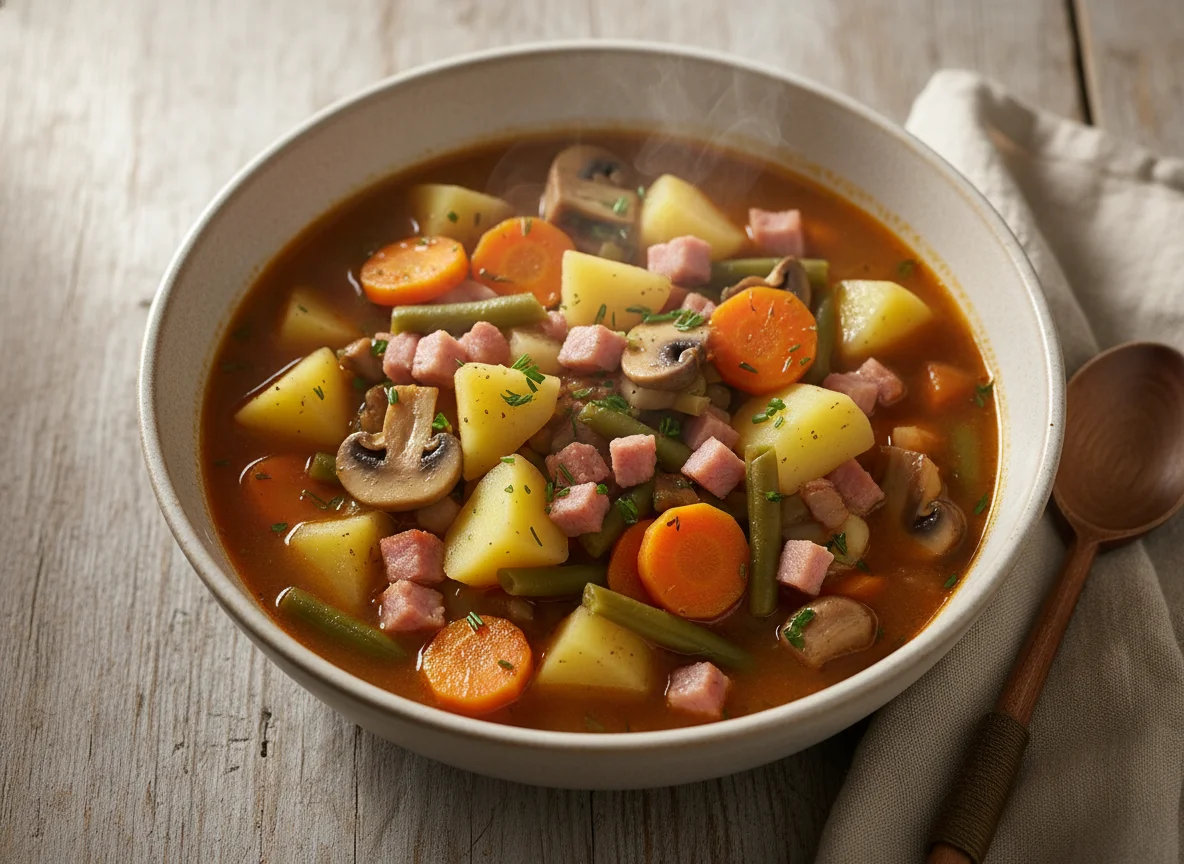 Eintopf mit Kartoffeln, Schinken und Gemüse photo