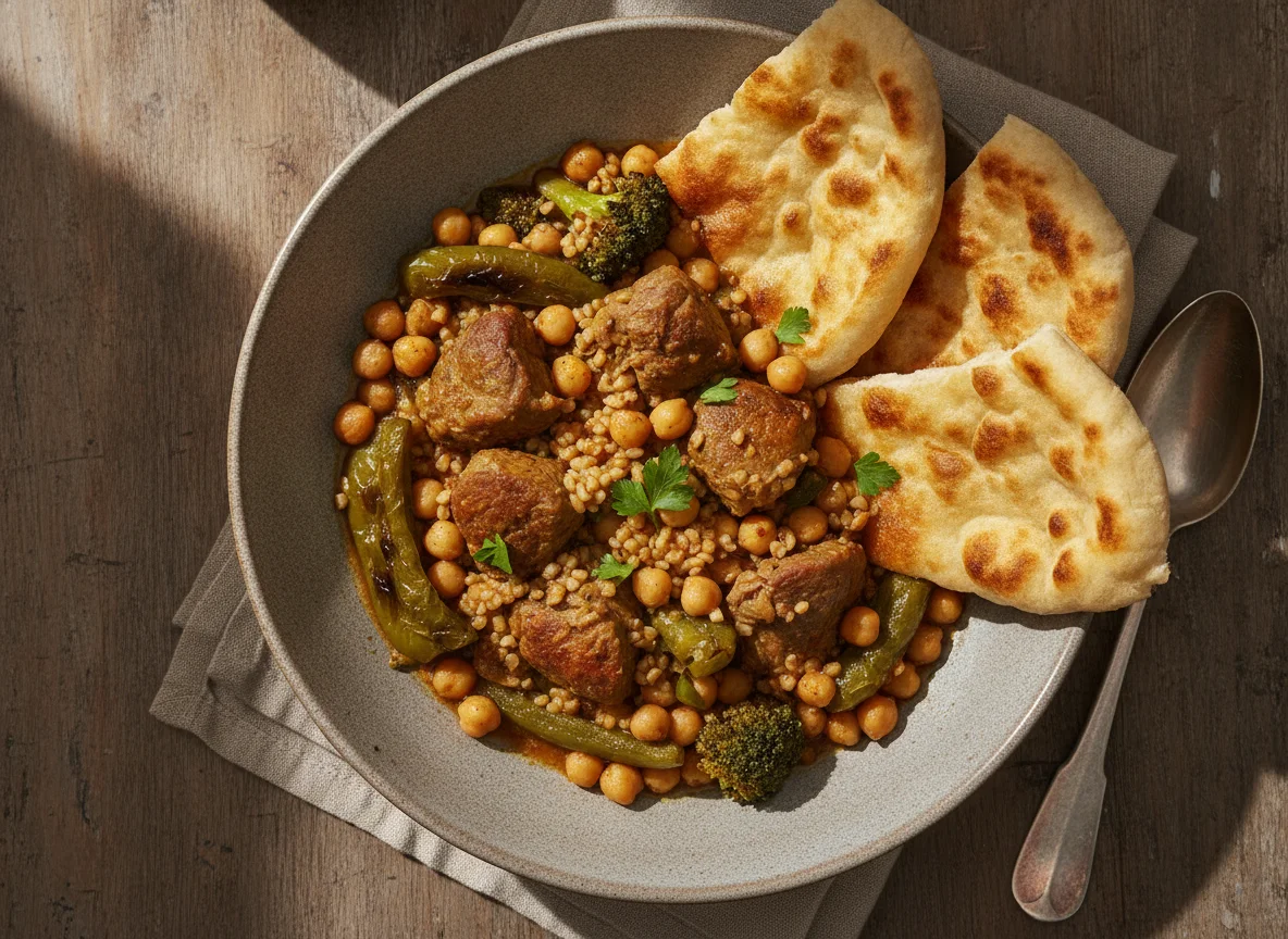 Eintopf mit Kichererbsen, Fleisch und Bulgur photo