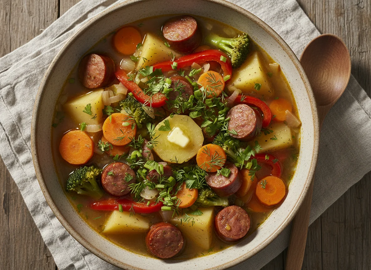 Eintopf mit Mettwürstchen und Gemüse photo