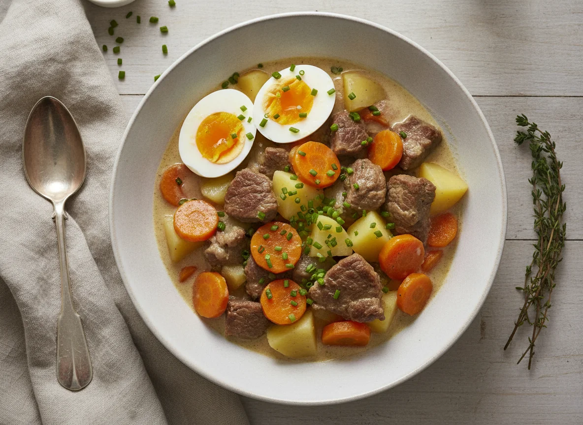Eintopf mit Rindfleisch, Karotten, Kartoffeln und Eiern photo