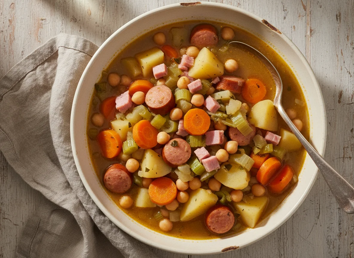 Eintopf mit Wurst, Schinken und Gemüse photo