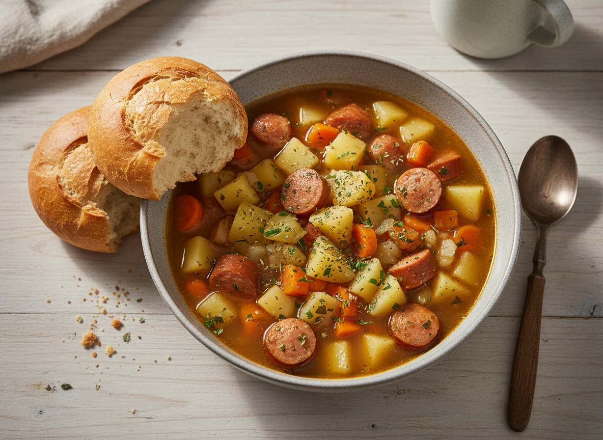 Eintopf mit Wurst und Brötchen photo