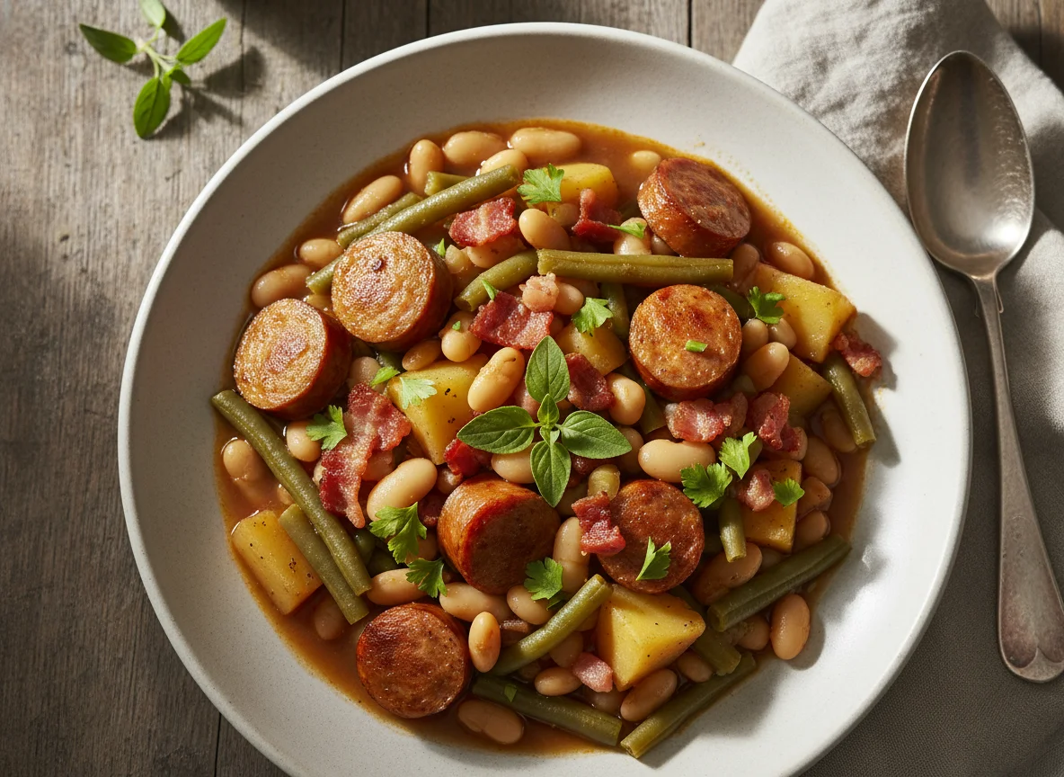 Eintopf mit Würstchen und Bohnen photo