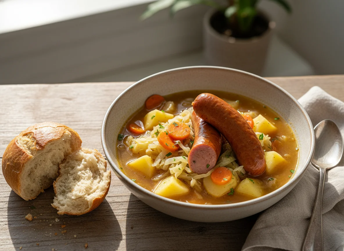 Eintopf mit Würstchen und Brötchen photo