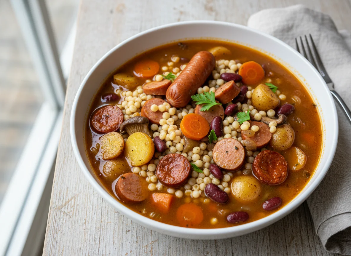 Eintopf mit Würstchen und Couscous photo