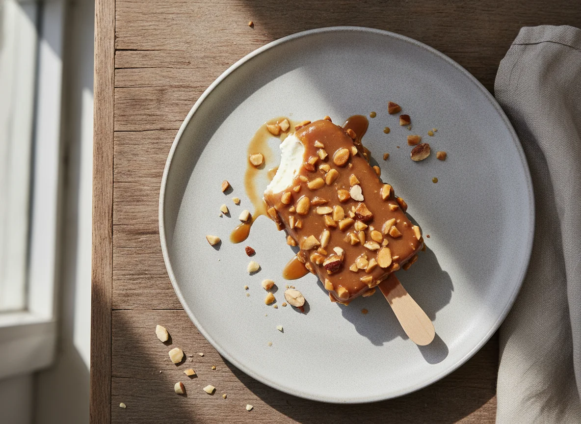 Eis am Stiel mit Karamellüberzug und Nüssen photo