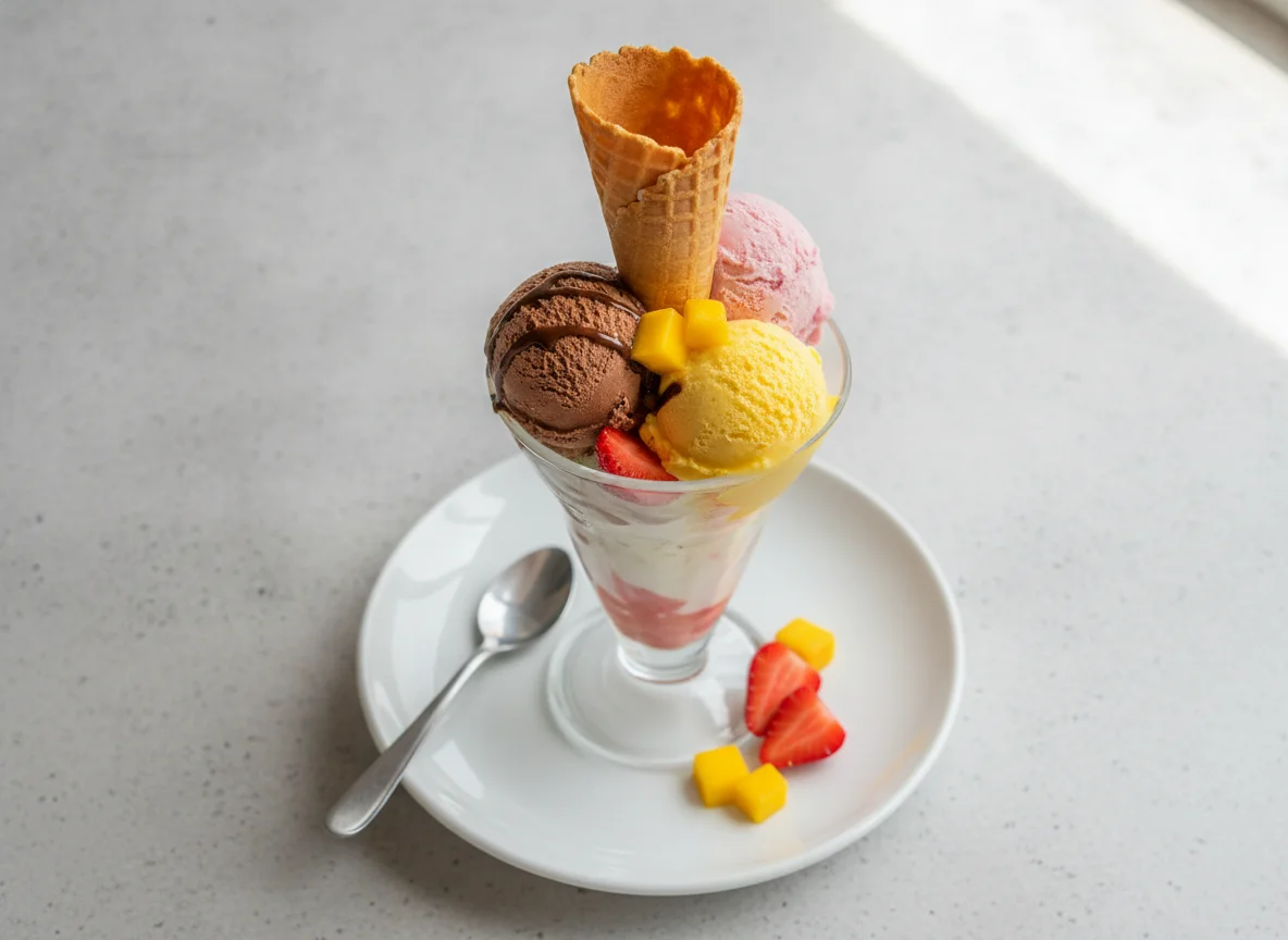 Eisbecher mit drei Kugeln und Waffel photo